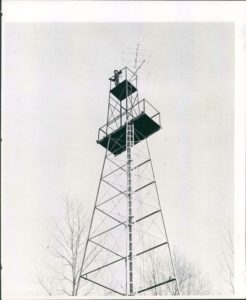 A tall tower with two ladders on top of it.